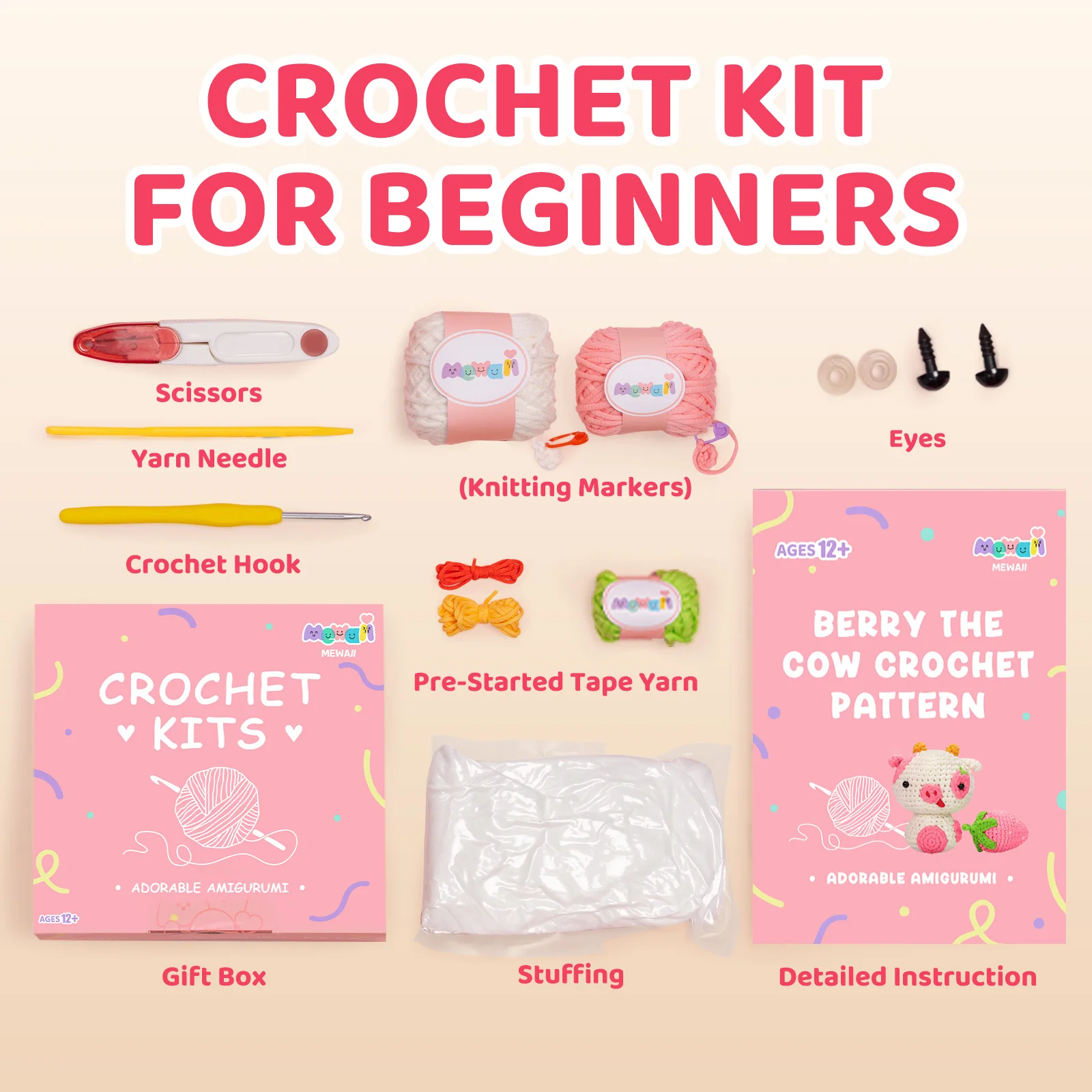 Mewaii Crochet Kit for Beginners, Complete DIY Kit with Pre-Started Yarn,  Step-by-Step Videos (Strawberry Cow)