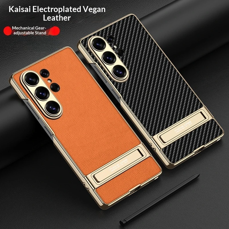 Luxury Plating Strap Kickstand Holder PU Leather Phone Case with PC Bracket Cover
