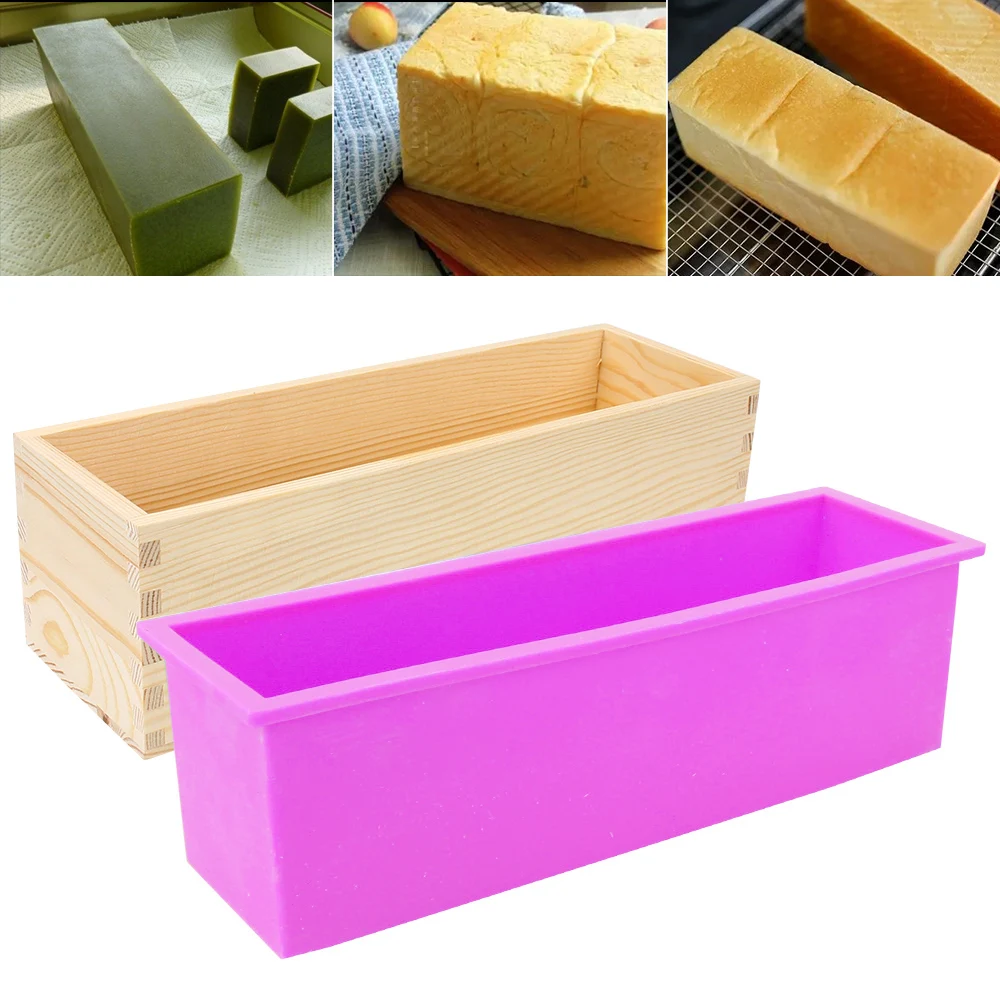 Toast Cake Loaf Mold with Wooden Box Rectangular Baking Kitchen Tools Silicone Soap Mold DIY Handmade Tool