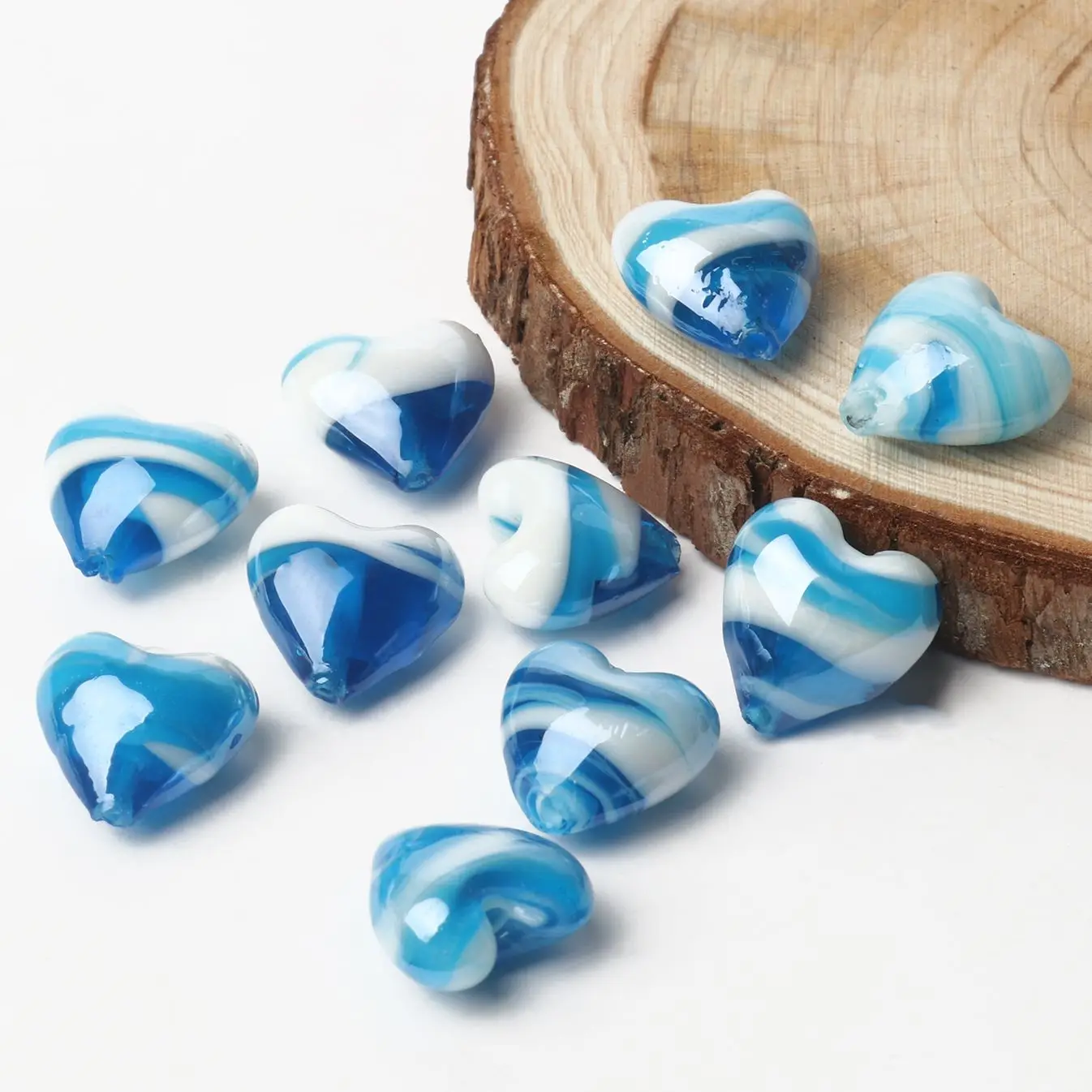 15Mm Sky Blue Candy Stripe Murano Lampwork Glass Love Heart Crafts Beads For Jewelry Making Orecchino Fai Da Te Trovare Accessorio