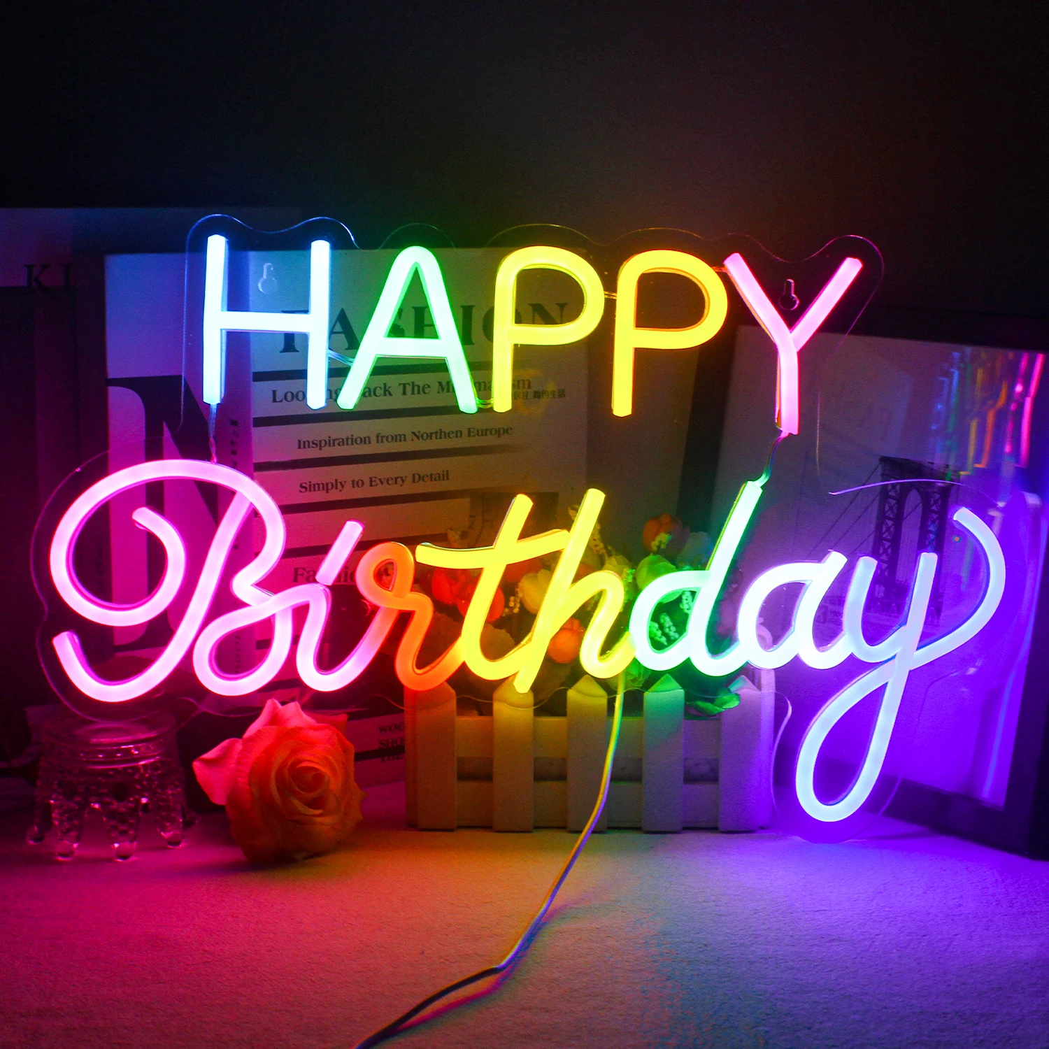 Insegna Luminosa LED 'Buon Compleanno' Con Dimmer, Cartello Neon Flessibile 42x30cm, Decorazione Festa Con Alimentazione USB, Sfondo Per Festa E Luce Notturna, Bianco Caldo