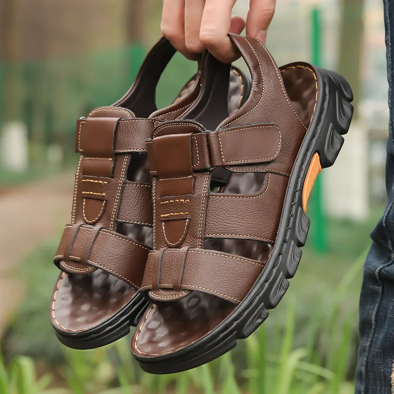 Oulylan Sandals Men's New Beach Shoes Cowhide Slippers Outdoor Non-Slip Thick-soled Leather Sandals 2024 Male Outdoor Sandals