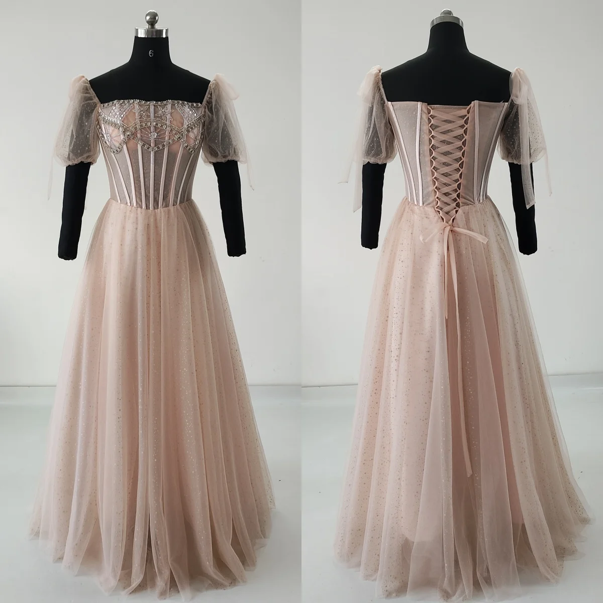 

Real Photo Evening Dress Pink Bling Square Collar Short Puffy Sleeve Beads A-line Floor Length Plus size Women Party Formal Gown