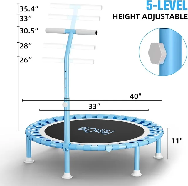 40" Mini Trampoline with Adjustable Handle Bar, 330lbs Foldable Bungee Rebounder for Adults & Kids, Quiet Indoor Exercise