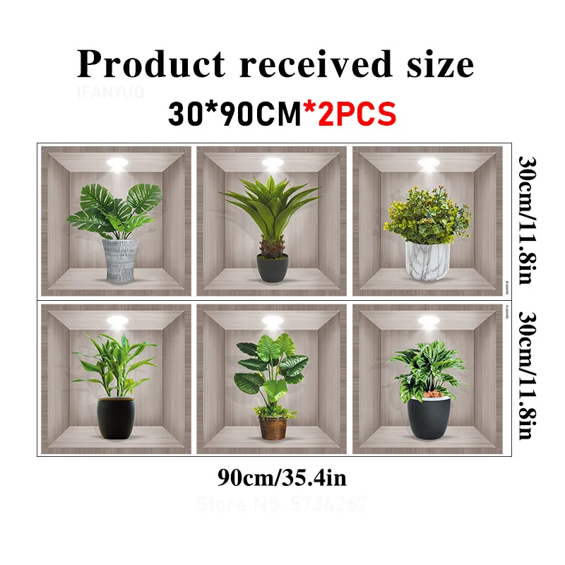 Comprar 3 hojas de pegatinas de pared de plantas en macetas de plantas  verdes, calcomanías de pared de ventana falsa 3D