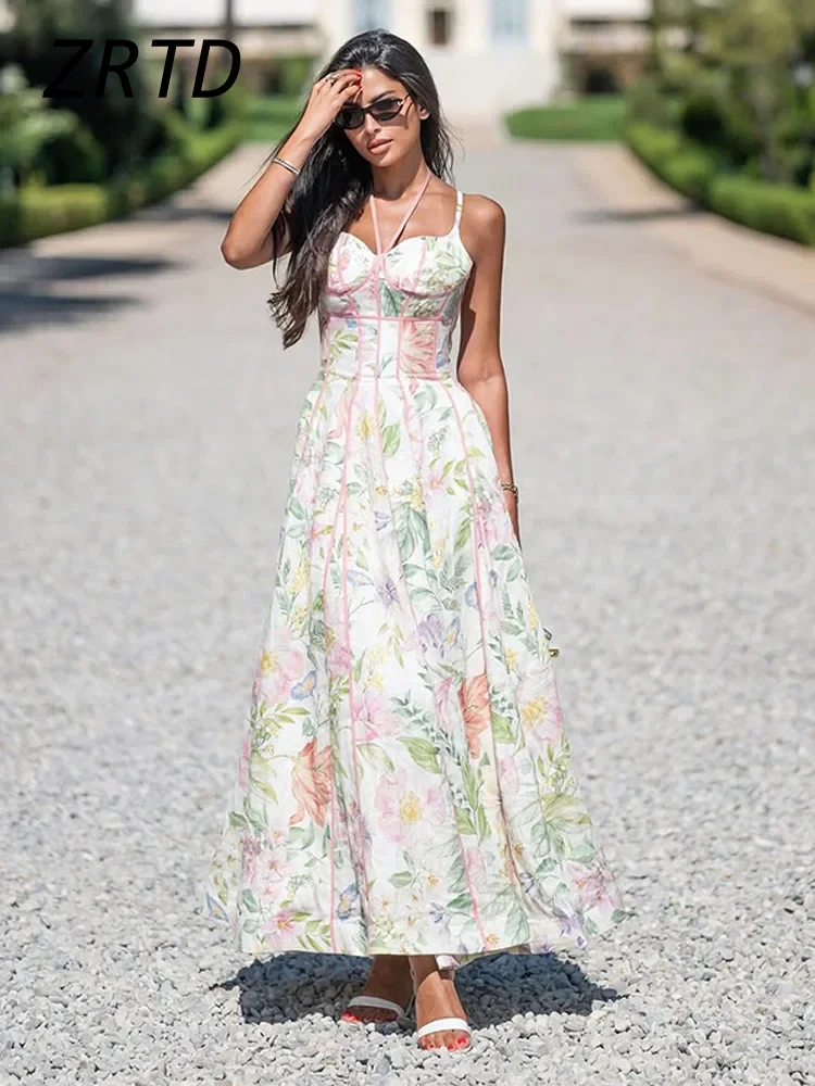 Fashion Halter Printed Sling Long Dress Women Pleat Backless Sleeveless A-line Holiday Dresses 2026 Summer Lady Contrast Robes 1
