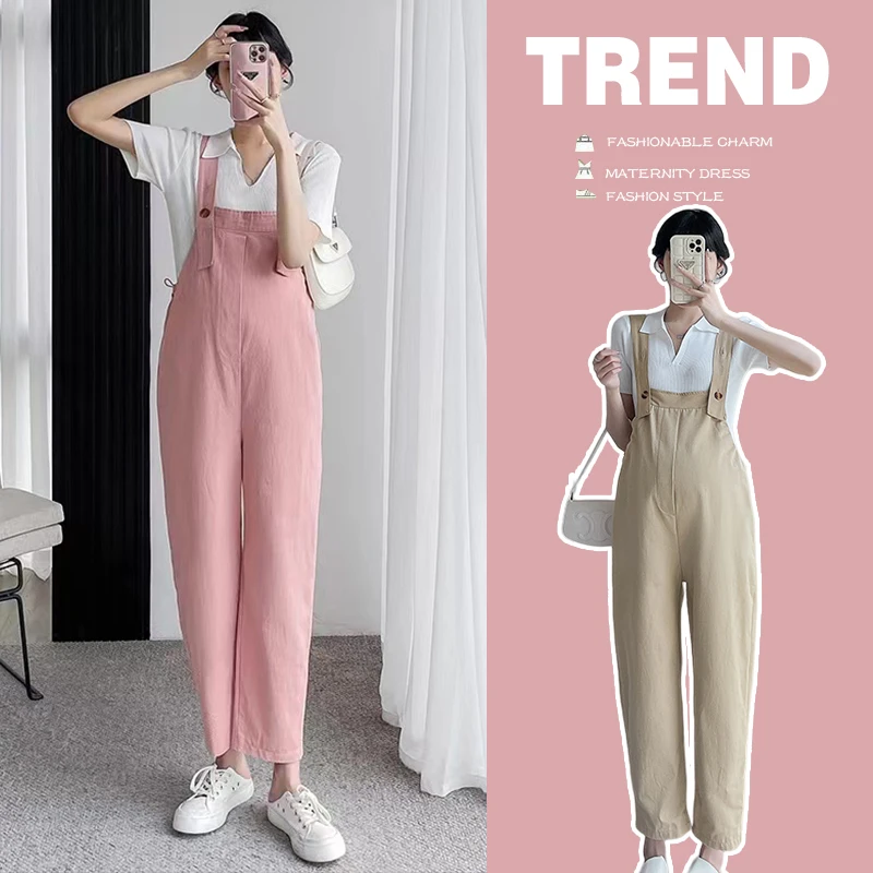 

Summer Maternity Jumpsuits Plus Size Drawstring Waist Solid Color Pregnant Woman Rompers Fashion Pregnancy Overalls Loose Pants
