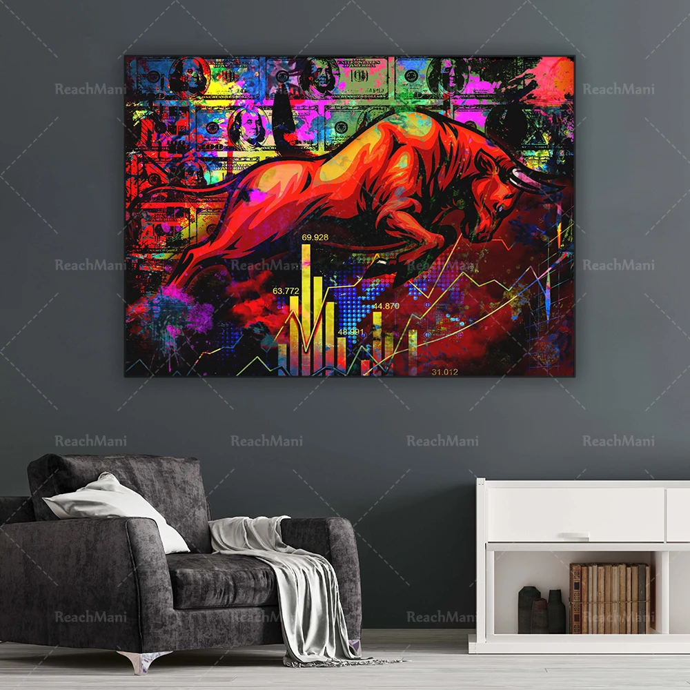 Cuadro De Lienzo Moderno 'Toro De Wall Street' - Impresión Multicolor En Lienzo Con Marco De Madera, Listo Para Colgar