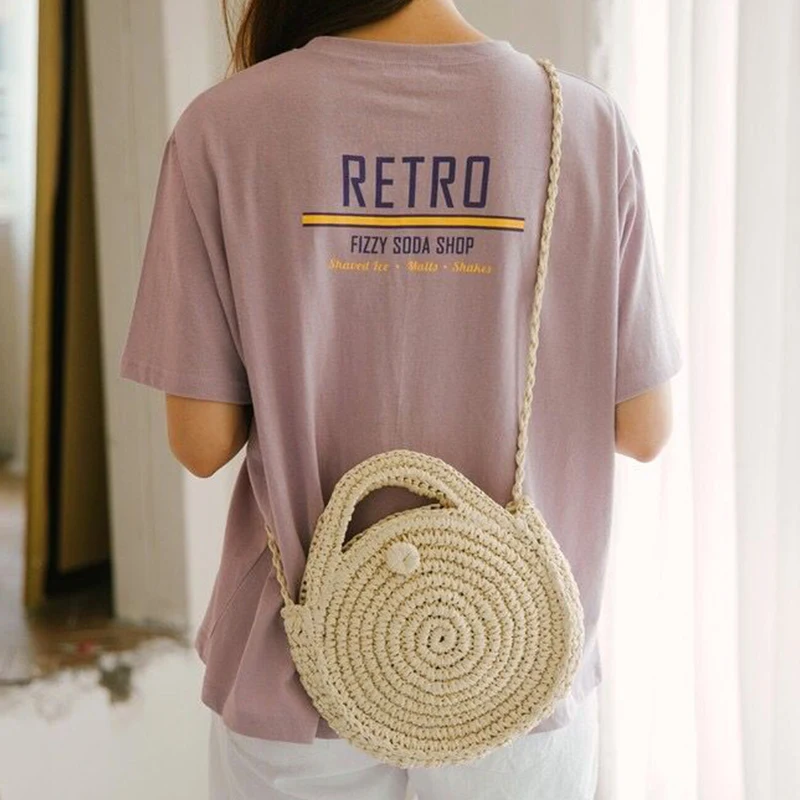Round Straw Crossbody Bag Handmade Woven Small Shoulder Bag For Women Summer Beach Circle Bohemia Travel Handbag and Purse