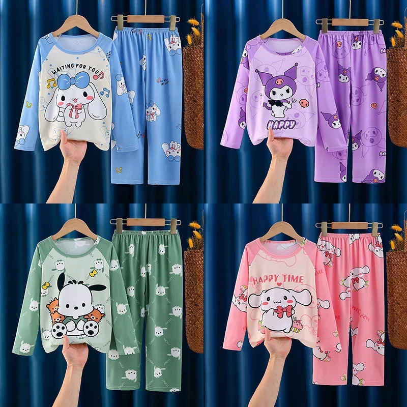 Autumn Kawaii Miniso Children Milk Silk Pajamas Sets Girl Boy Sleepwear Korean Kids Homewear Clothes Cute Anime Loungewear pajamas sets
