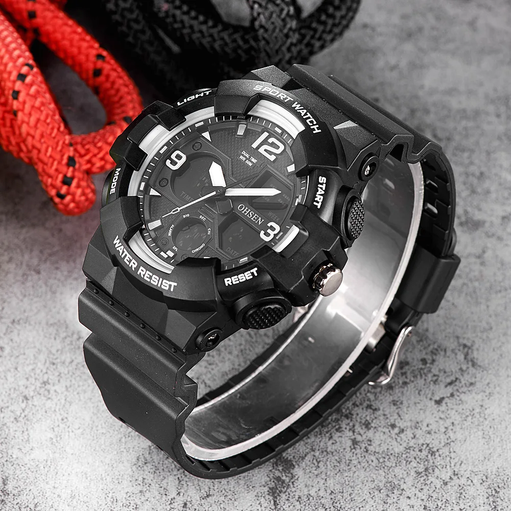 

Часы наручные OHSEN Мужские кварцевые, цифровые светодиодные аналоговые водонепроницаемые, с силиконовым ремешком, черные белые