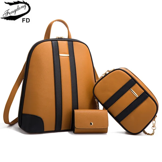 Fengdong fashion PU leather backpack for women brown luxury backpack woman shoulder bag card bag set crossbody bag women gift 1