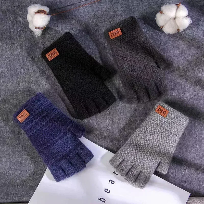 Fingerless Gloves for Men Half Finger Writting Office Knitted Wool Warm Outdoor Driving