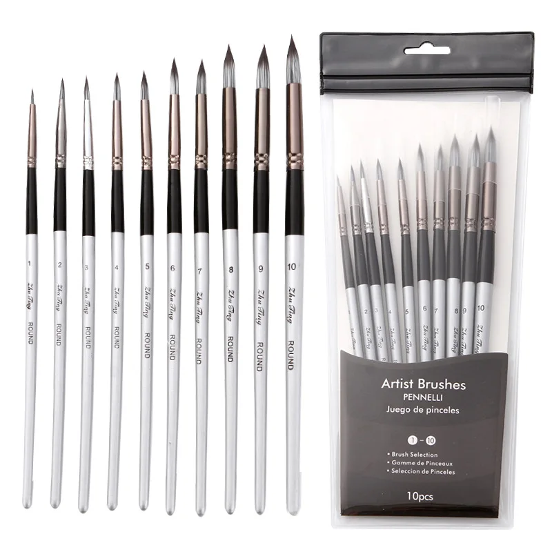 10 PCS/Set Nylon Hair Wooden Handle Brush Pen Professional Watercolor Oil Acrylic Painting Brush Set Art Paint Brushes Supplies