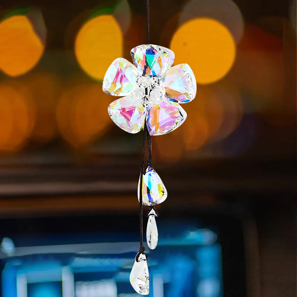 Polished AB Color Sun Flower Petal Tassel Crystal Car Pendant Rainbow Streamer Sun Catcher Yard Garden Farmhouse Hanging Decor