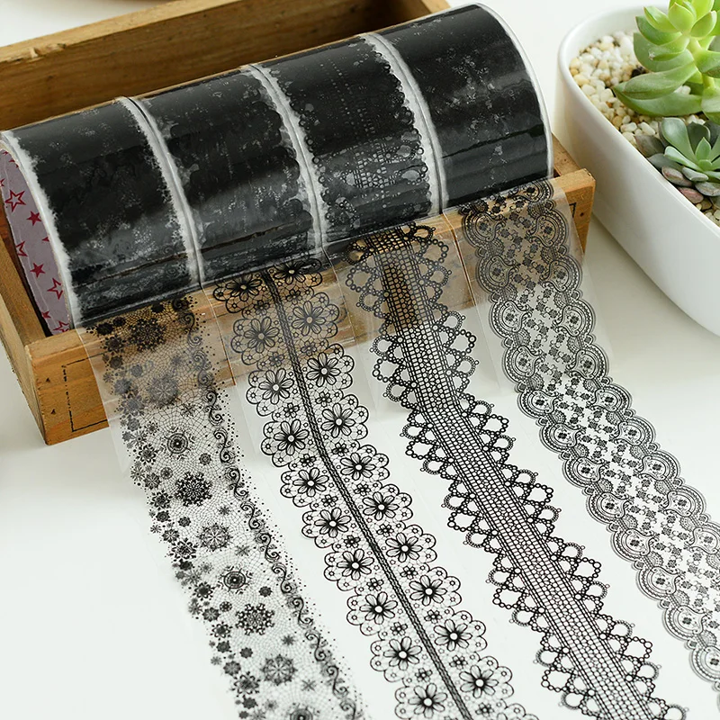 Transparent Black Openwork Lace Tape Masking Sticker Tape Vintage Hollow Adhesive Sticky Paper Tape scrapbooking DIY Decoration