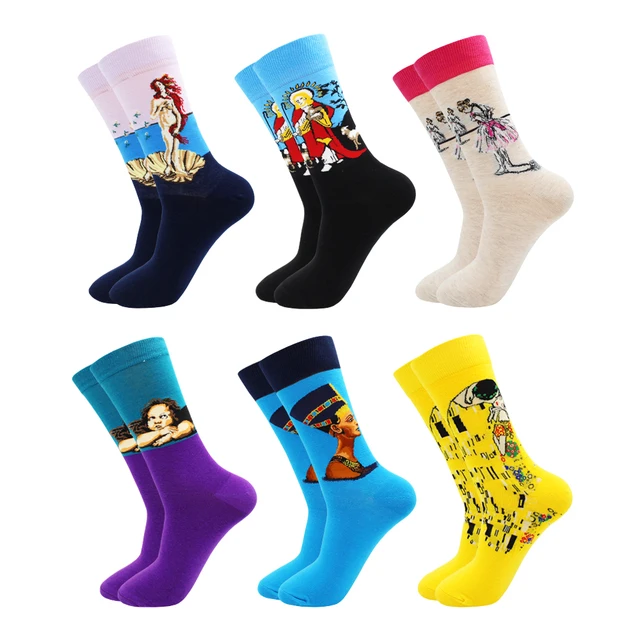 Fashion Casual Women and Mens Socks Art Van Gogh Stripe Harajuku Fruit Animal Sloth Beer Funny Socks Dress Cotton Socks Men 6 pairs -HWC14