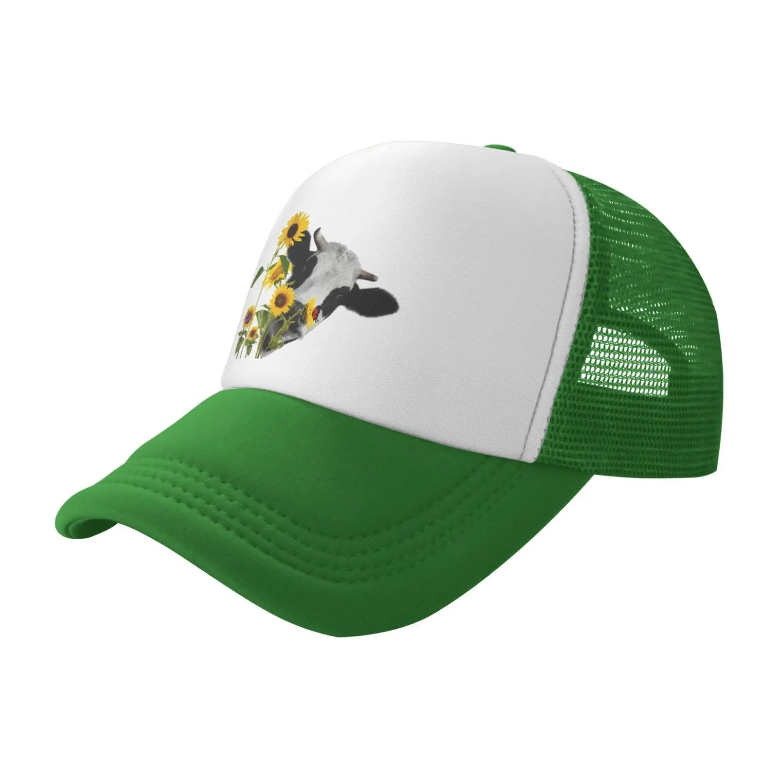 Cow Sunflower Hat Floral Mesh Cap for Men Women, Farm Animal Adjustable Trucker Hat Baseball Cap Green