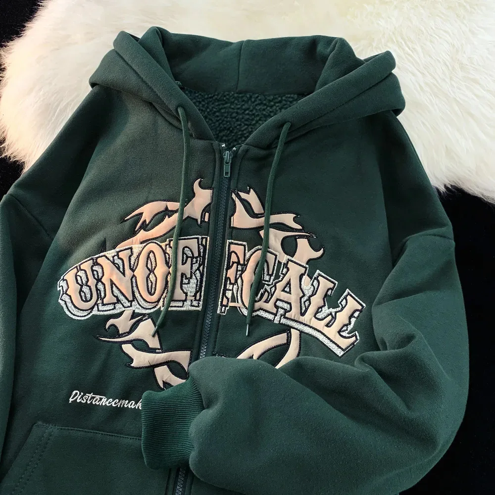 Letter Print Zipper Hoodies Fashion Hip Hop Women Men Autumn Oversize Hoodie Retro Trend Couples Clothes Y2k Zip Up Sweatshirt