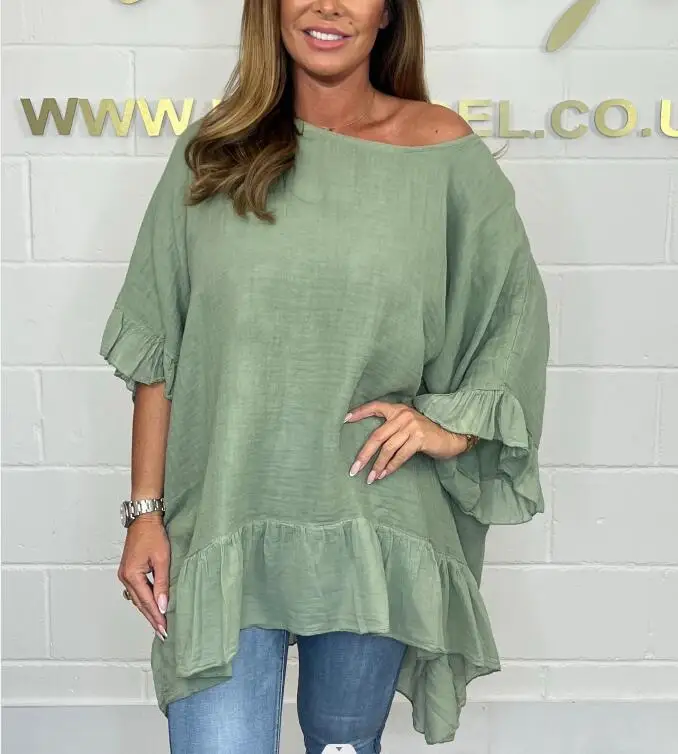 Plus-size women's Blouse ruffled fashion elegant bat sleeve loose solid colour. L-5X photo