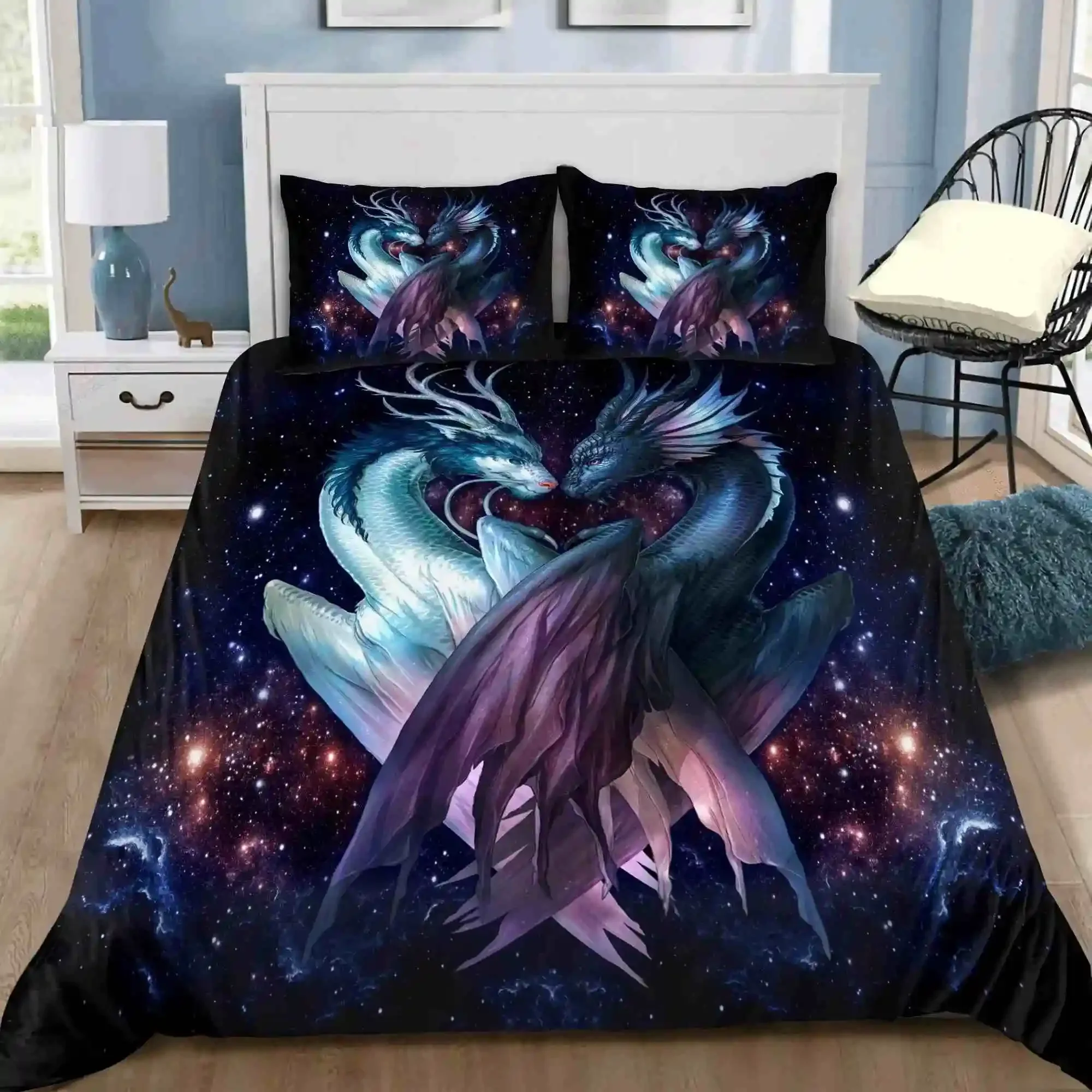 Dragon and Phoenix Duvet Cover Set Queen King Size Fantasy World Monster Bedding Sets Mens Boys and Teenagers Comforter Covers