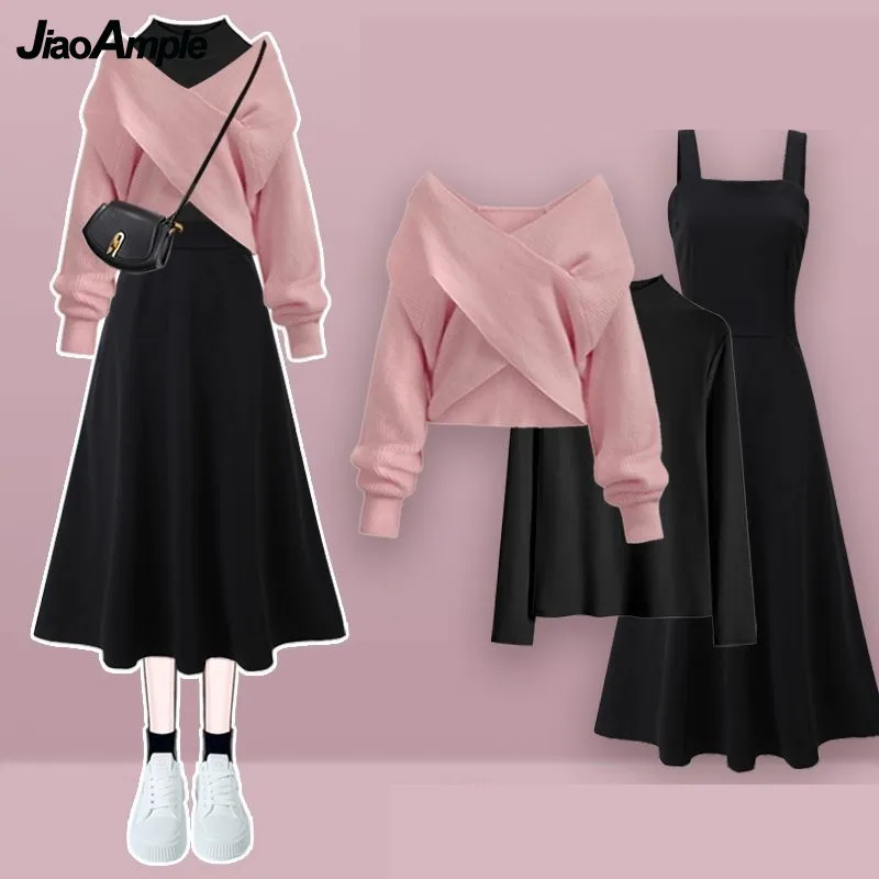 2023 Autumn/Winter New Korean Elegant Matching Set Women's Fashion Cross Knit Sweater+Bottom Shirt+Strap Dress Three Piece Suit 4