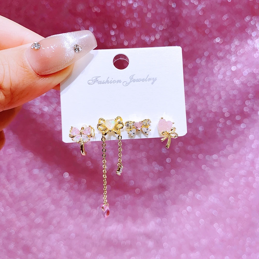 MIGGA 4pcs Sweet Pink Bowknot Stud Earrings Set for Women Girls Gold Color Cubic Zircon Jewelry 3