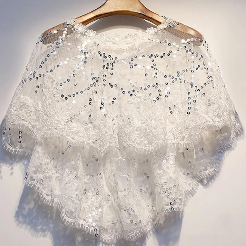 Fashion Sequined Lace Shawl Women Summer Short Sunscreen Cloak Cape With Dress woman lace shawl wedding church lace trim scarf soft lightweight scarf with hoodie for hot weather sunproof supplies