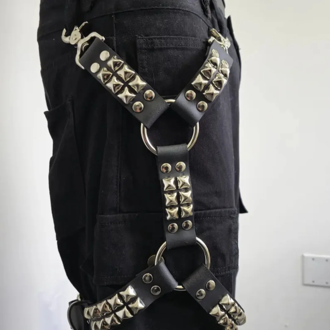 UYEE Gothic Leg For Jeans Harness Black Hip Hop Leg Strap Unisex PU Leather Rivet Belt Leg Ring Gaiter Harness Punk Belt