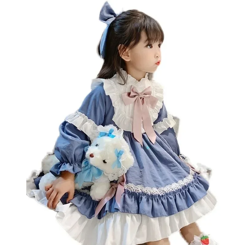 Winter cute children's birthday princess dress for girls sweet blue bow ruffle children's long sleeve lolita dress 2-7 years old
