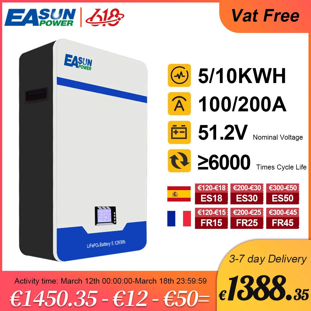 EASUN Lifepo4 batteria al litio Powerwall 48v 51.2v 100Ah/5wh 200Ah