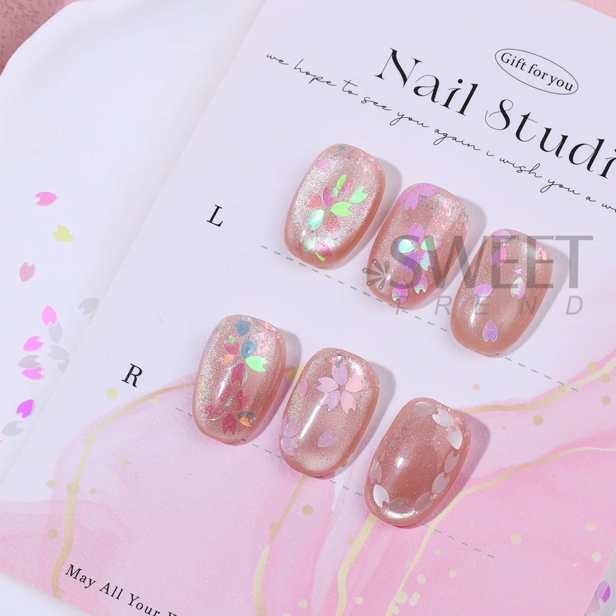 6 Grids Spring Romantic Cherry Blossom Nail Art Sequin Holographic Pink Sakura Petal Shape Sparkly Slices Mermaid Manicure Decor