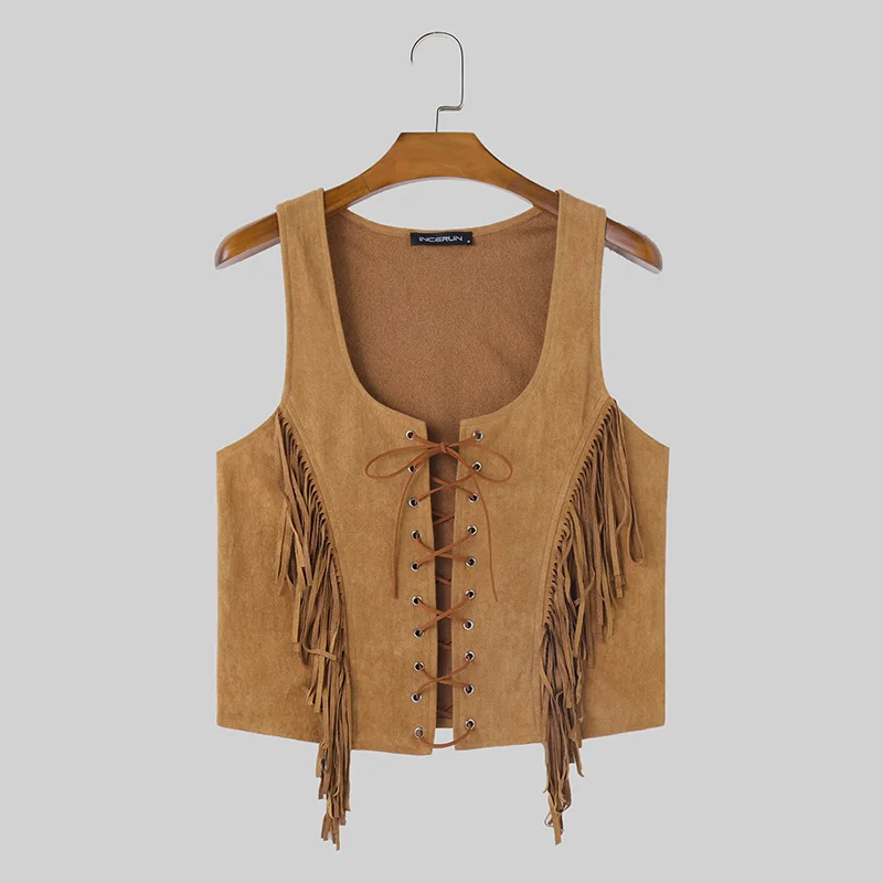 thumbnail image 1 of INCERUN Tops 2024 estilo americano moda hombres diseño de tiras delanteras medias chalecos personalidad masculina patchwork borlas camisetas sin mangas S-5XL, 1 of 5
