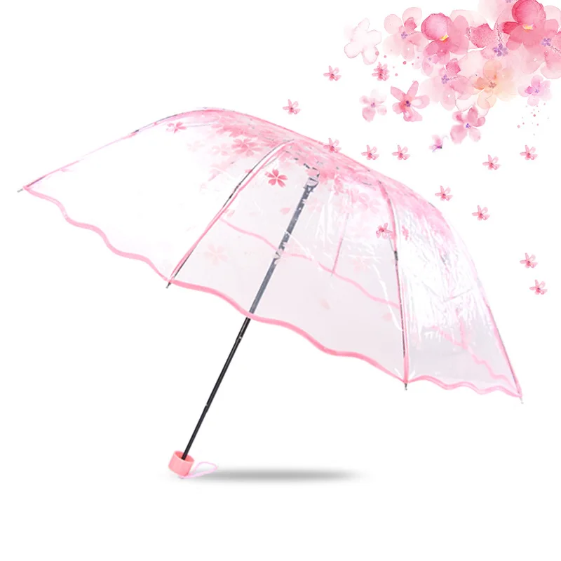Manual Women's Transparent Clear Flowers Umbrella Anti-UV Sun Umbrella Cherry Blossom 3 Folding Umbrellas Rain Gear Parasol