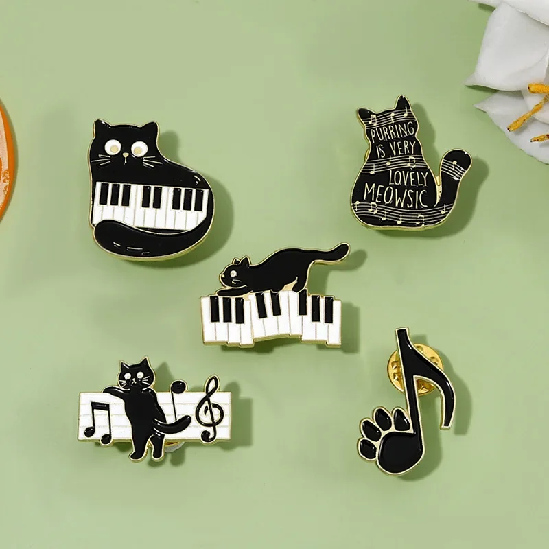 Black And White Keys On The Piano Enamel Pins Cat And Musical Note Brooches Lapel Badges Concert Jewelry Gift For Art Friends