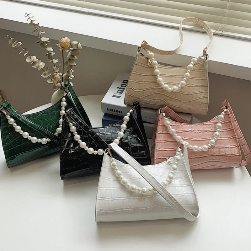 

Модная простая сумка с жемчугом, новая сумка через плечо из искусственной кожи на цепочке, 2022, модная текстурная сумка на молнии с тиснением под подмышками