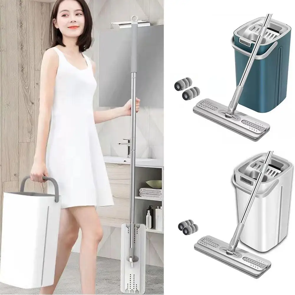 Mop Magic Flat Squeeze Con Secchio Mop Per La Pulizia Della Casa A Mani Libere Rotante Lazy 360 Mop Microfibra Self-Wringing Cleani G9F6