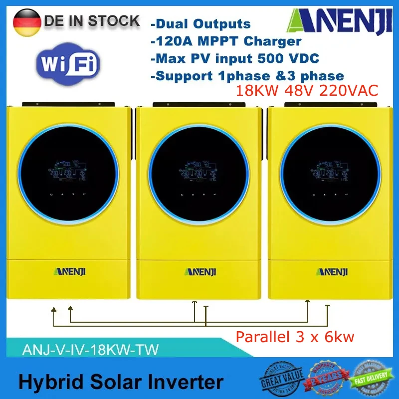 Inverter Solare Ibrido 18Kw 48V 220Vac Onda Sinusoidale Pura Off Grid Tie Inverter 1/3 Phase Inverter Pv 500Vdc 120A Caricatore Solare Mppt