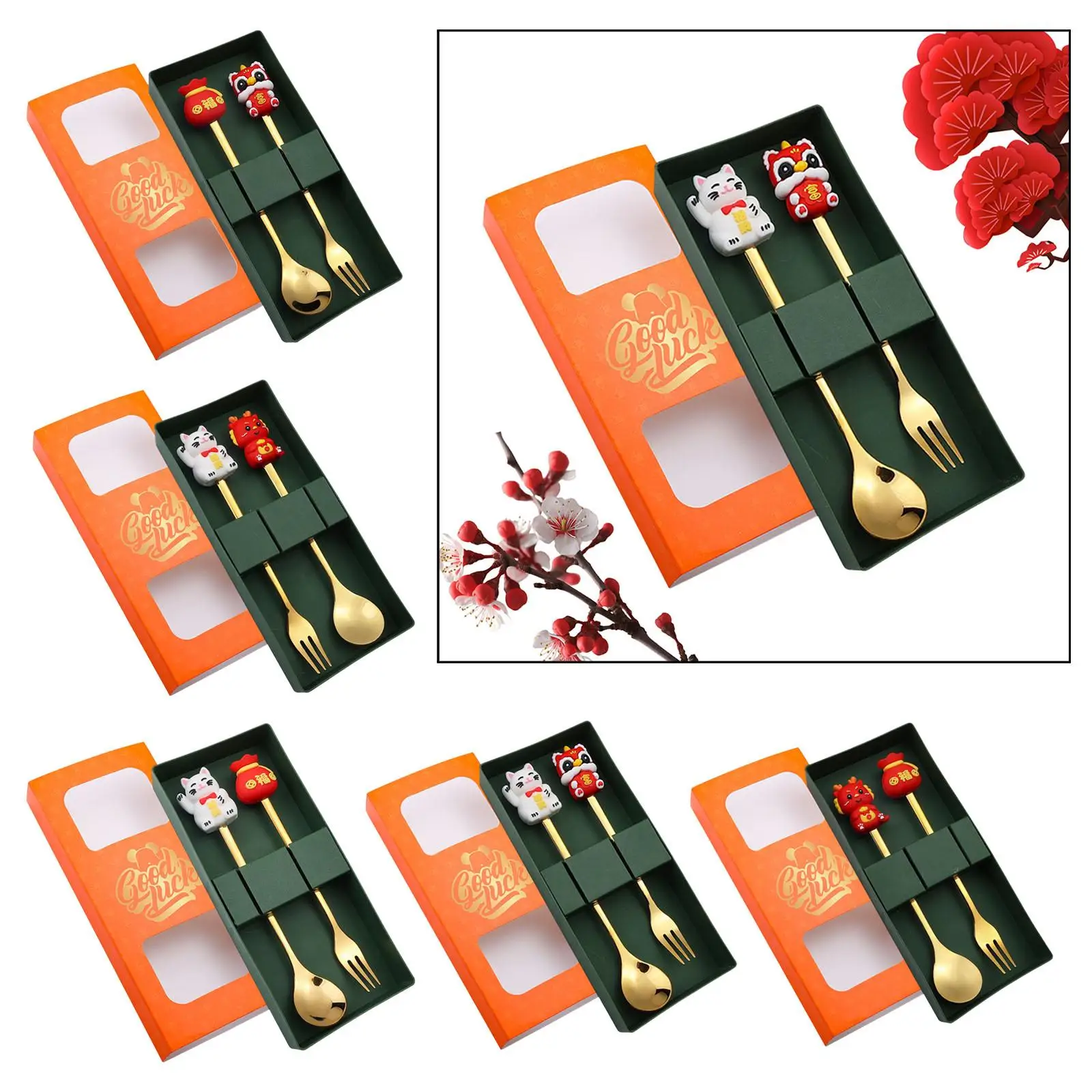 2Pcs Gold Cutlery Set Elegant Stainless Steel Silverware Set Utensils Coffee Spoon for Family Chinese New Year Party Daily