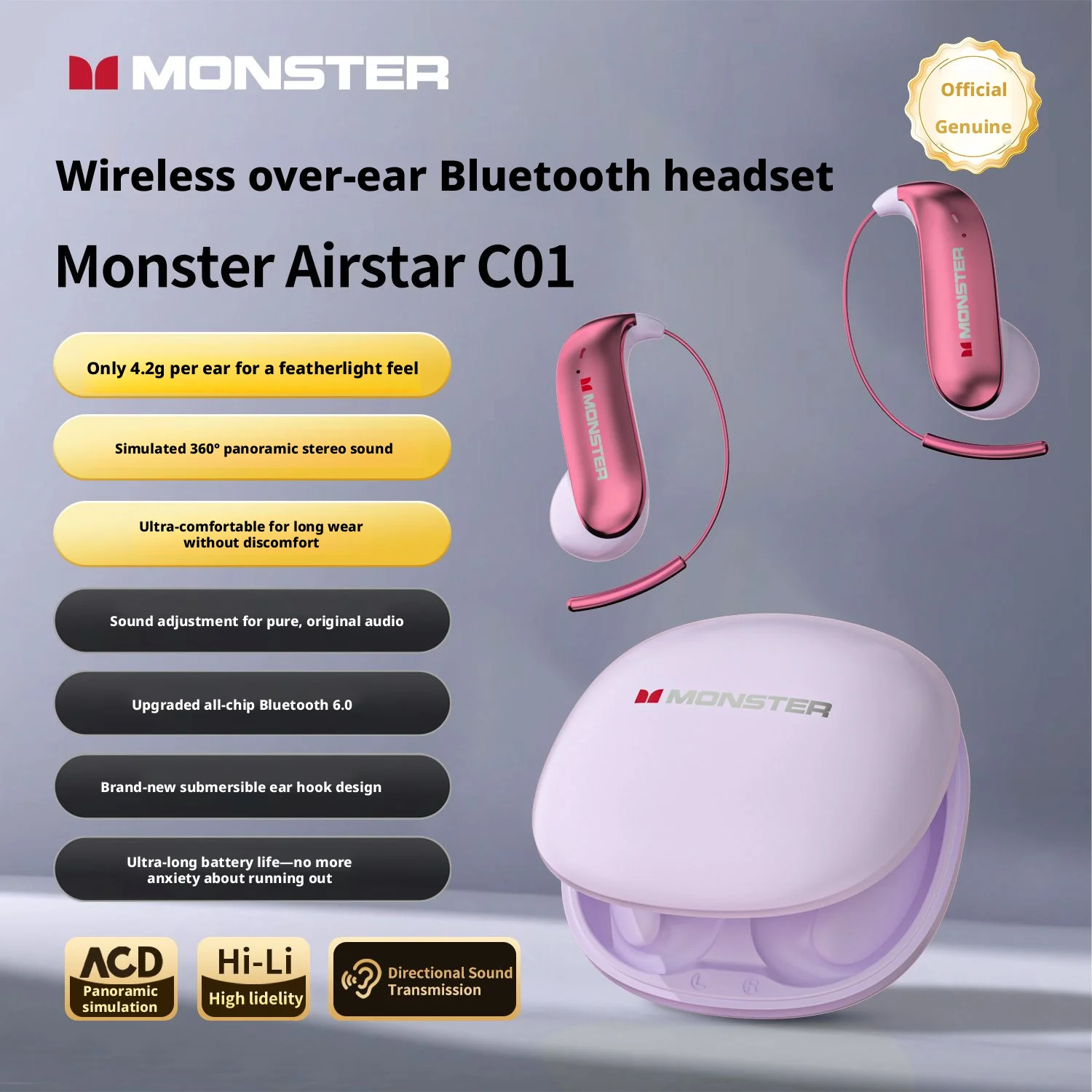 MONSTER C01 Zero Burden Bluetooth 6.0 Open Ear HD Call Dual Mic Ear Hook