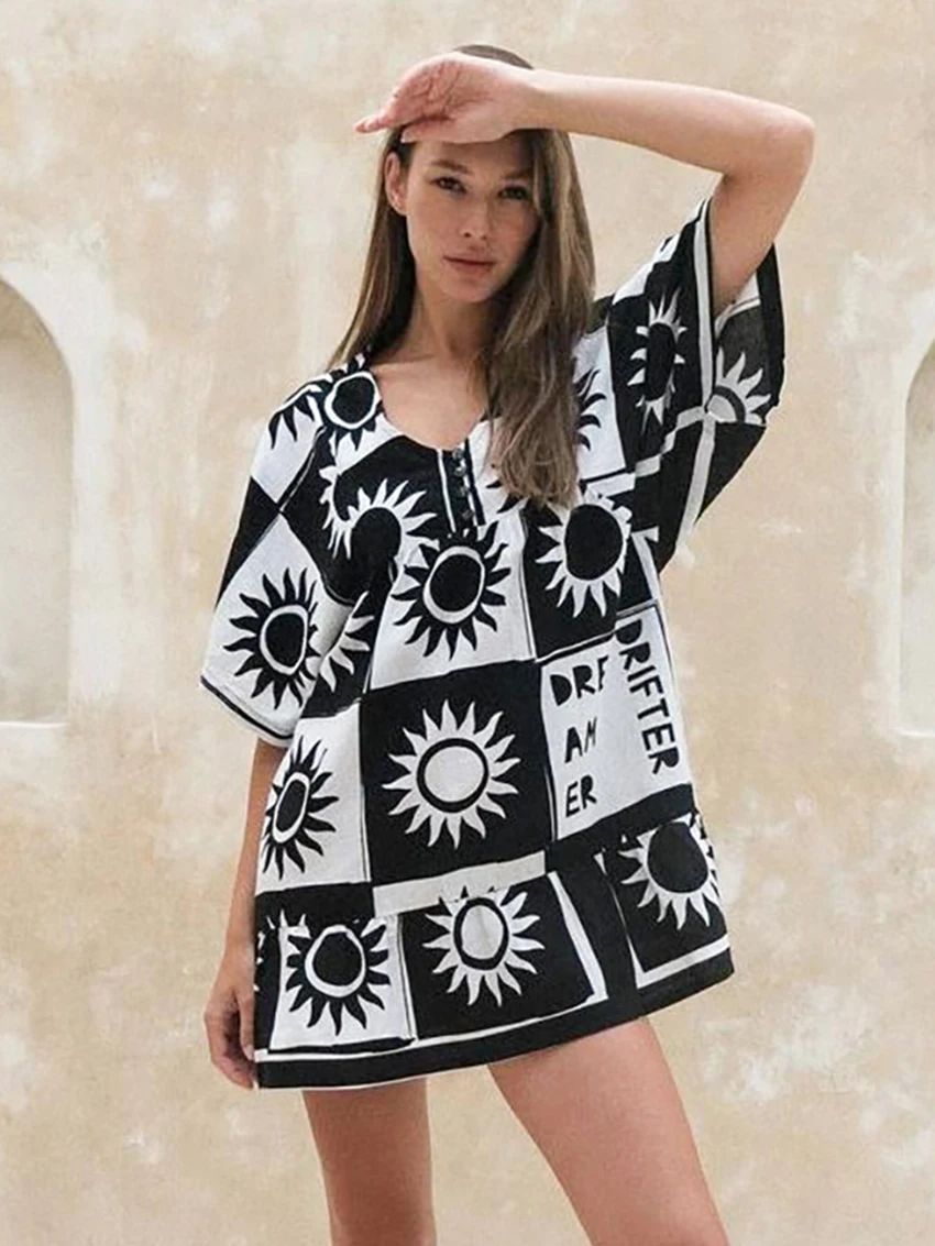 Marthaqiqi Summer Casual Printing Women'S Pajamas Half Sleeve Nightgowns Sexy V-Neck Sleepwear Loose Mini Dress Ladies Nightwear