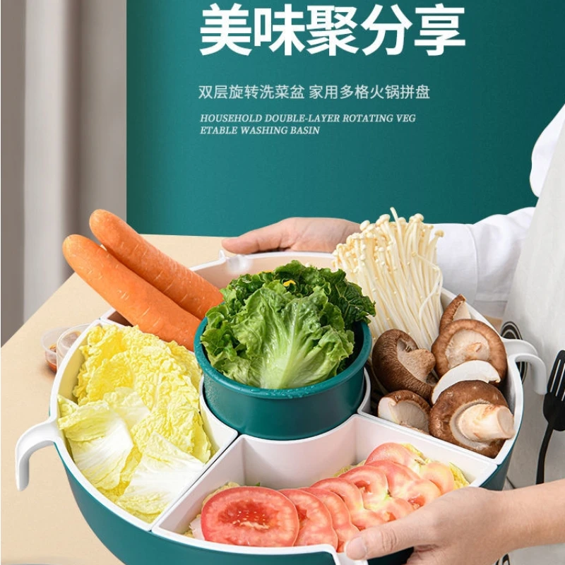 Rotating Drain Basket Hot Pot Platter Double-Deck Home Kitchen Food Ingredients Vegetable Basket Plastic Fruit Plate fruit basket vegetable basket food basket supermarket display basket bread basket egg blue imitation rattan basket rattan basket