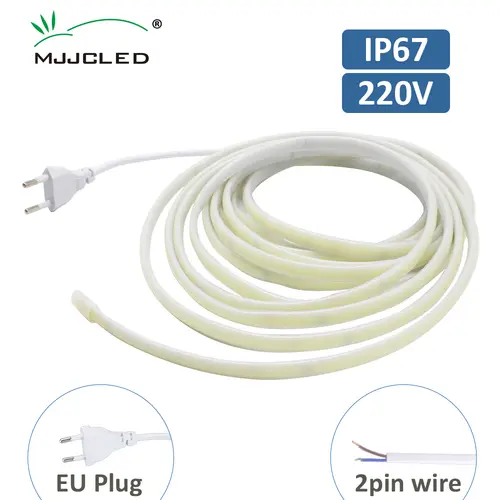 AC220V COB LED Strip Light IP67 Waterproof Flexible Ribbon 2Pin Wire/EU Plug Tape Lamp 3000K/4000K/6000K Outdoor Linear Lighting