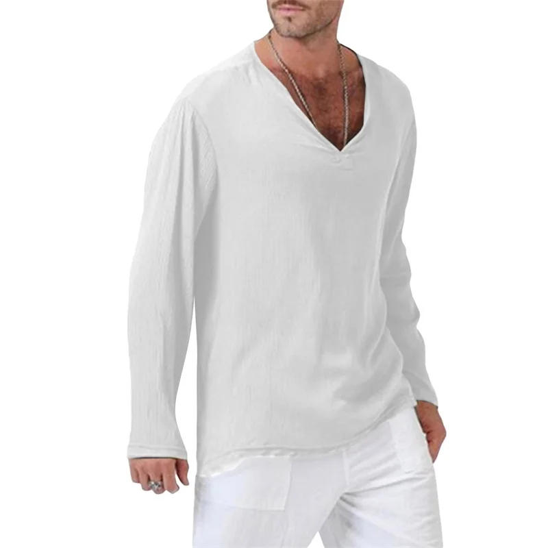 

Men Solid Long Sleeve T-Shirts V-Neck Ethnic Style Casual Basic Shirt Spring Fall Fashion Loose Tops