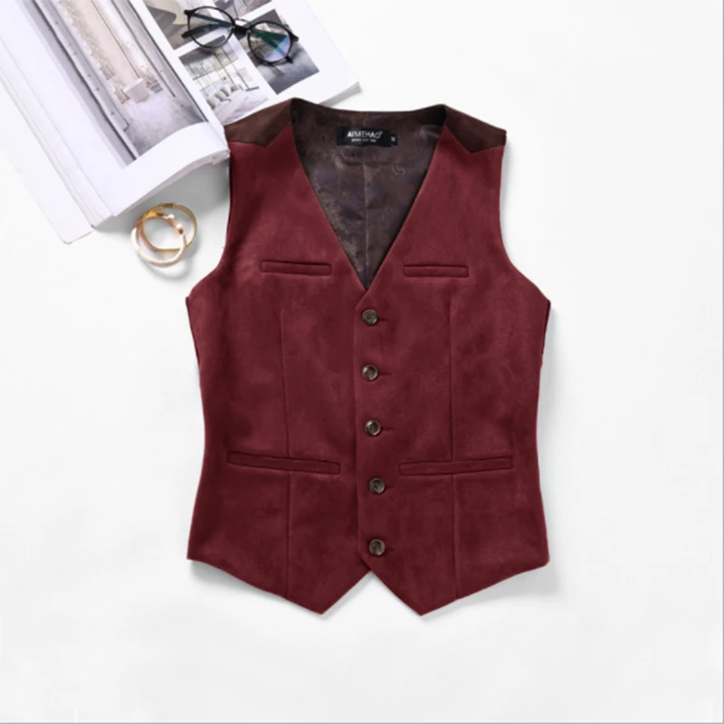 Men's Suit Vest Suede Western Denim Waistcoat Steampunk V-neck Single Breasted жилетка мужская 6