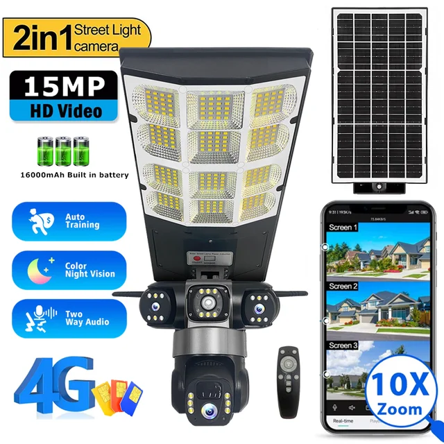 Solar 4G Street Light Camera 15MP 10X Zoom Three Lens Recording Humanoid Tracking Outdoor Camera Lamp Remote Control Waterproof 1