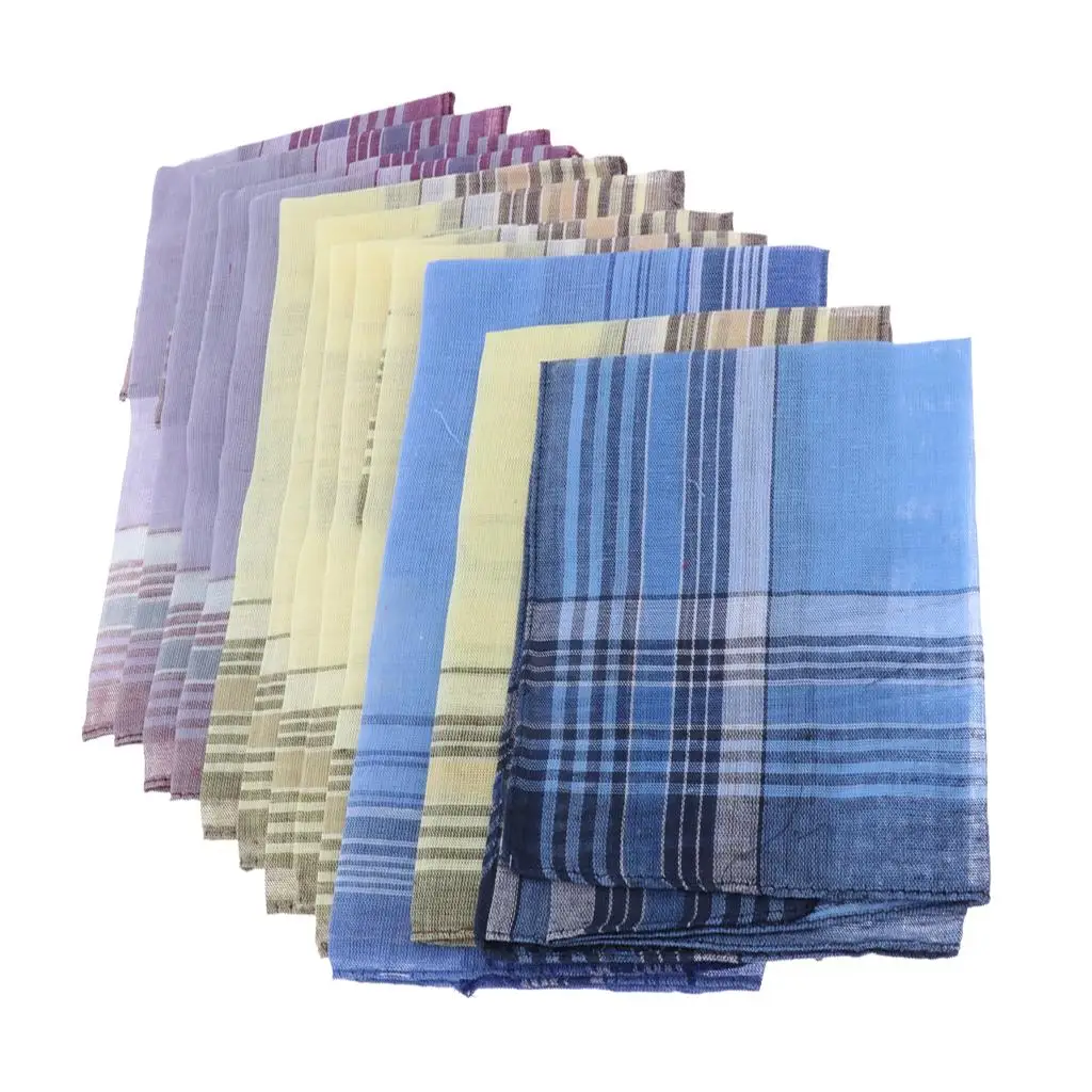 Set of 12/10pcs Men`s Plaid Pattern Cotton Handkerchiefs Gentleman Classic Pocket Square Hanky