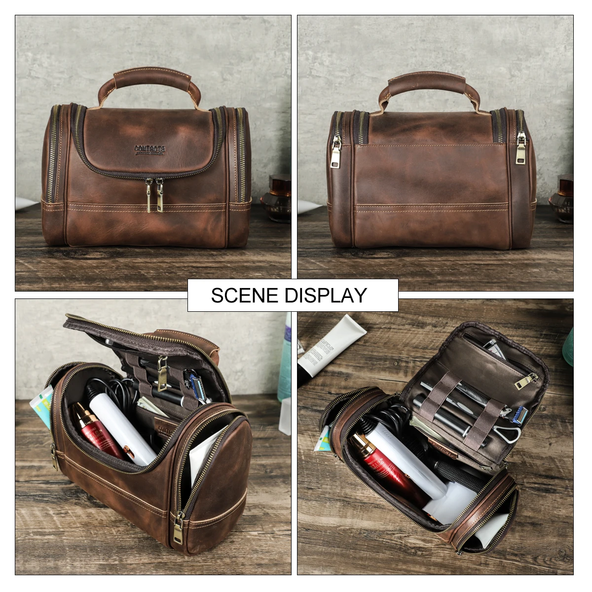 Contact's Men Business Travel Wash Toiletry Bag Crazy Horse Leather Washing Tool Storage Bag Cosmetics Handbag 2