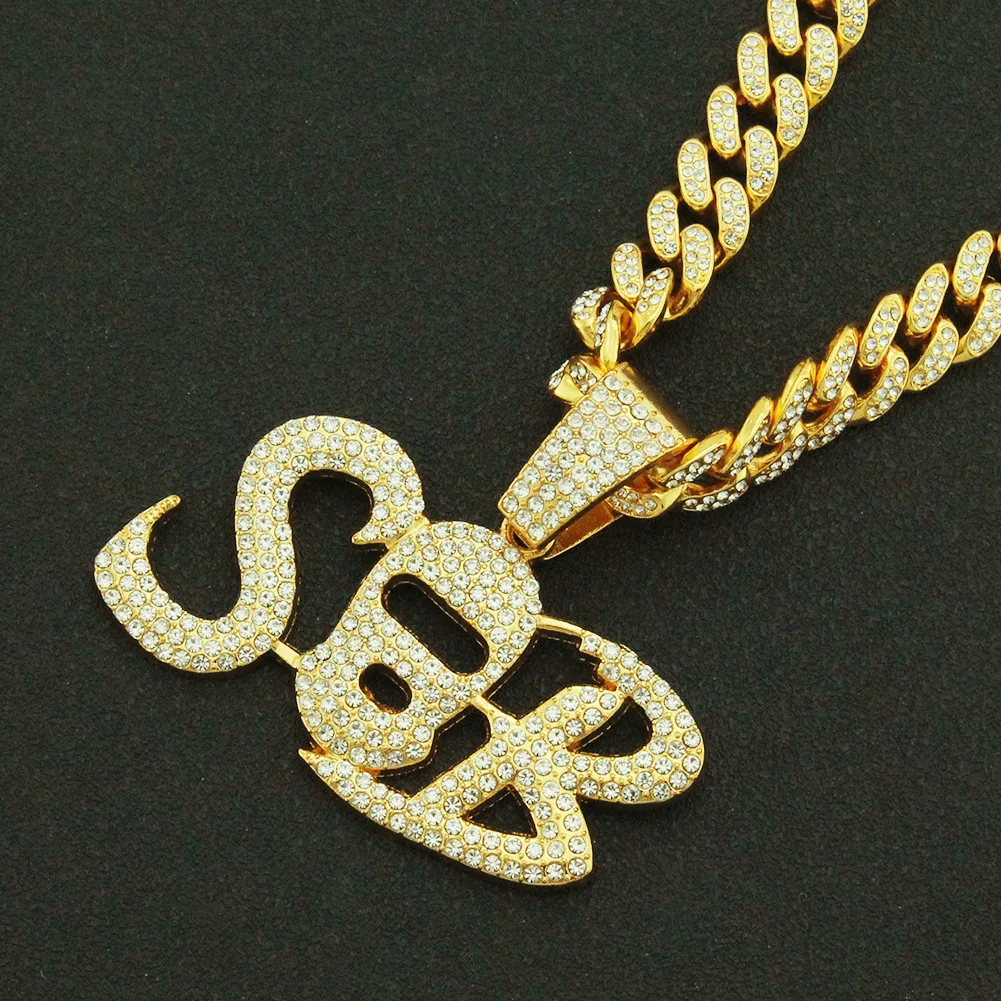 

Hip Hop Iced Out Cuban Chains Bling Diamond Rhinestone Letter Pendants Mens Necklace Gold Color Charm Jewelry for Women Choker