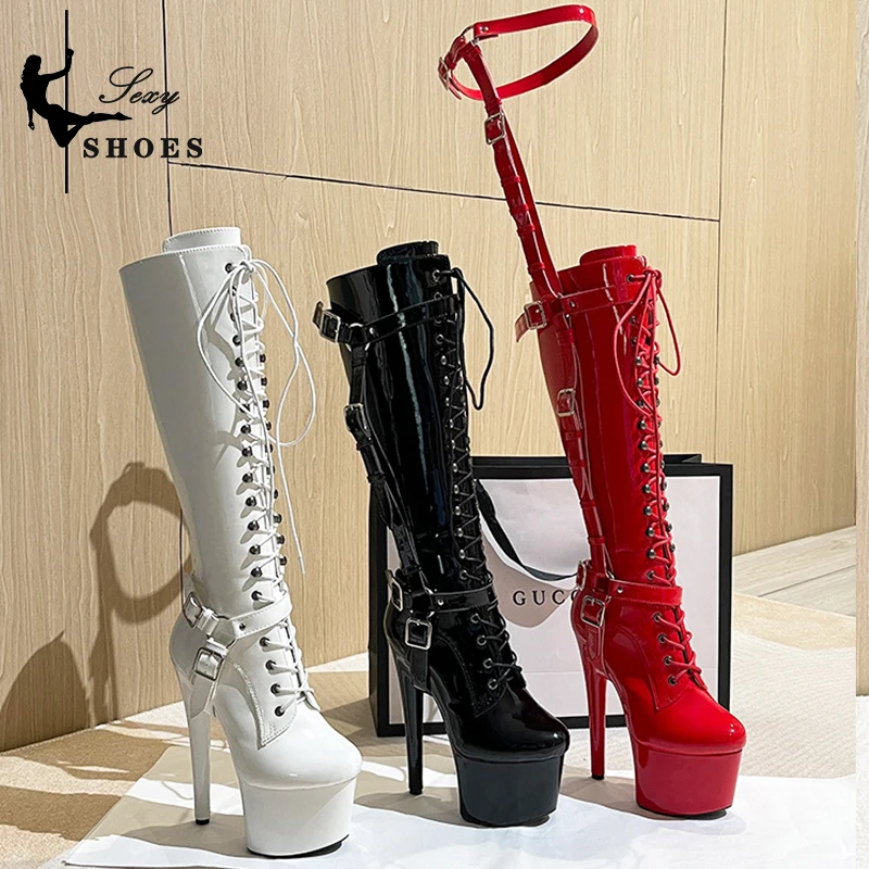 Women Erotic Red T-tied Knee-High Boots Pole Dancing Fashion Boots Zip Stiletto Gothic Fetish Long Boots Stripper Shoes